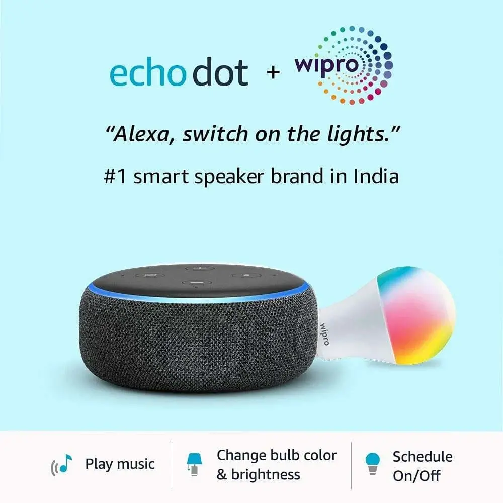 Echo Dot (3rd Gen, Black) + Wipro 9W LED Smart Color Bulb combo - Works with Alexa - Smart Home starter kit