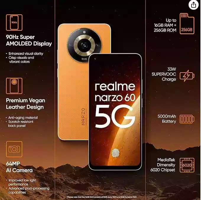 realme narzo 60 5G (Mars Orange,8GB+128GB) 90Hz Super AMOLED Display